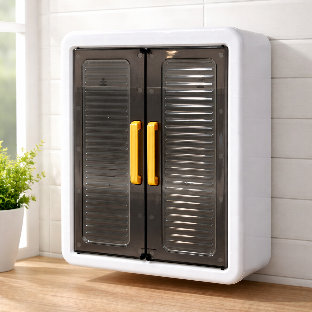 Wall Mounted Bathroom Storage Cabinet with Doors & Hooks | Space Saving Organizer