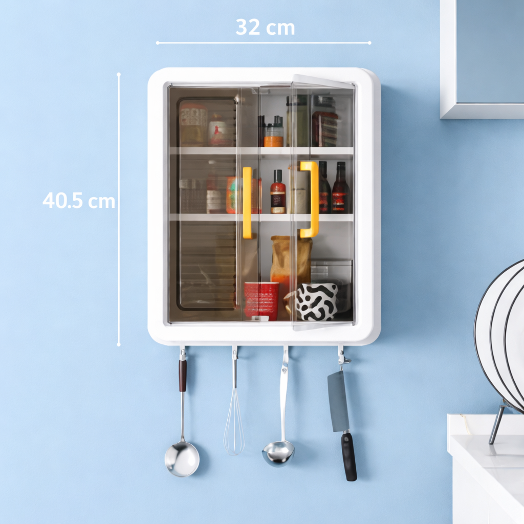 Wall Mounted Bathroom Storage Cabinet with Doors & Hooks | Space Saving Organizer