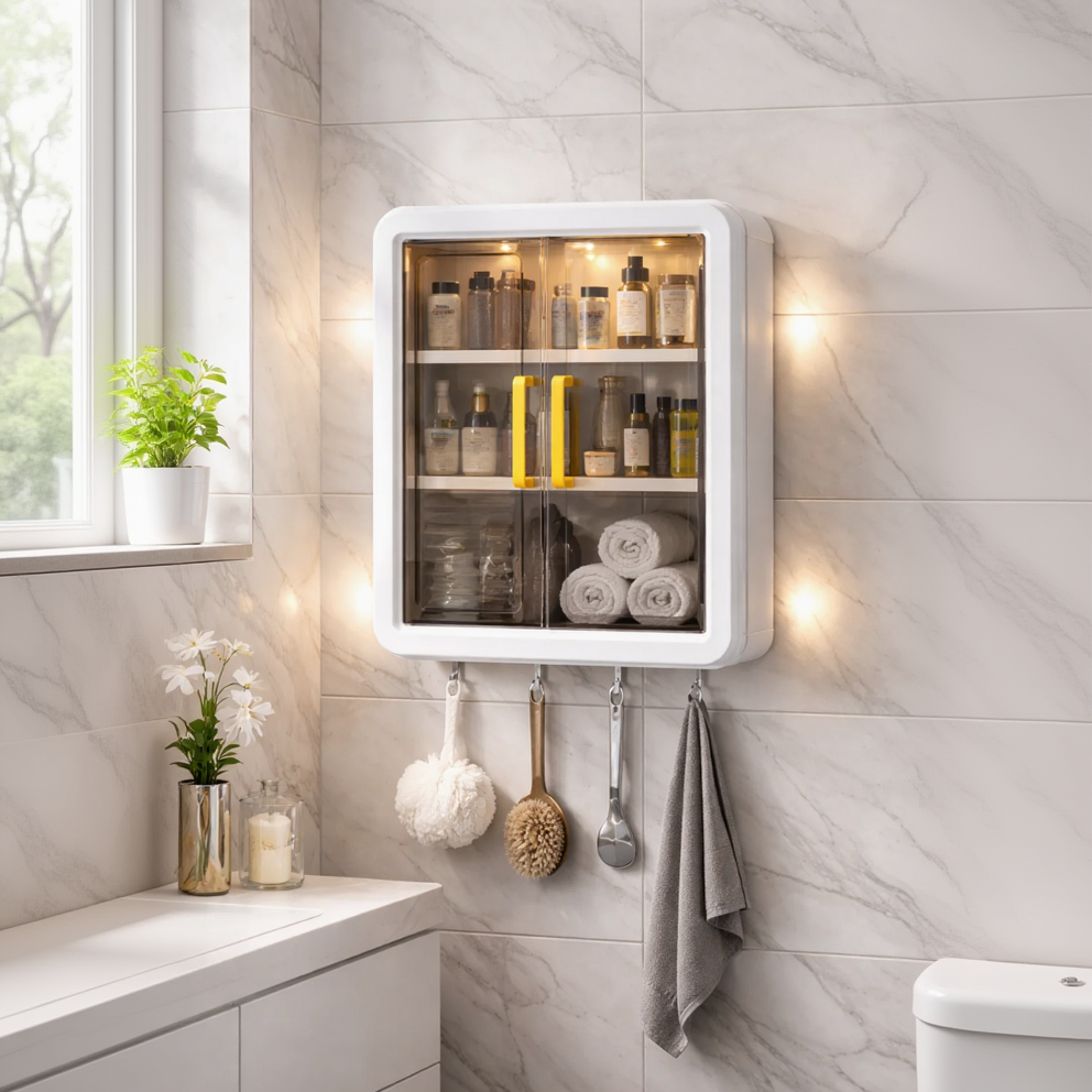 Wall Mounted Bathroom Storage Cabinet with Doors & Hooks | Space Saving Organizer